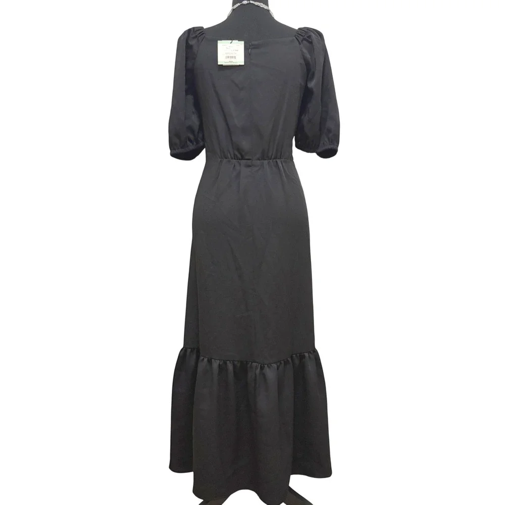 NEW Anne Klein Rhinestone Puff Sleeve Midi Dress Sz 8 Black Ruffle Hem Cocktail